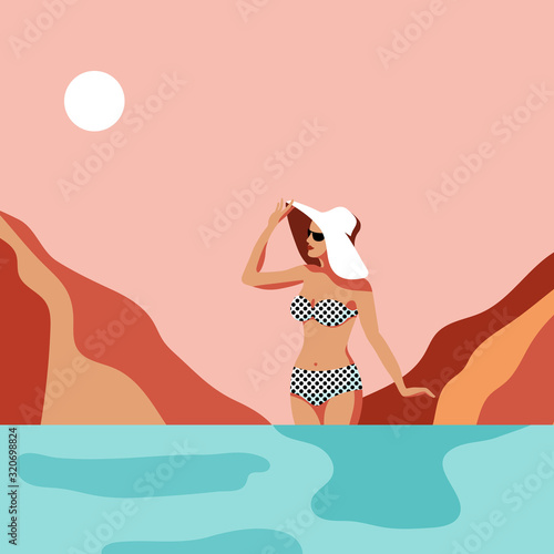 Summer retro poster with a girl in bikini standing in the sea, lake or ocean somewhere on her holiday. Woman in swimming suit. Vintage style. Flat cartoon design. Vector illustration.