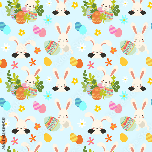 Seamless easter pattern with white bunny, rabbit with decorative ornamental eggs and spring bright flowers. Blue background