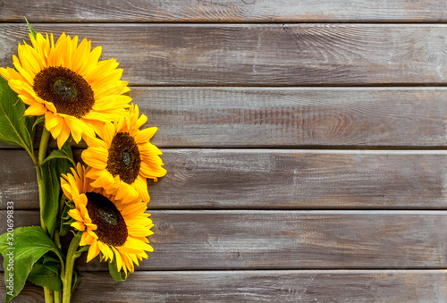 Fototapeta Naklejka Na Ścianę i Meble -  Bouquet of sunflowers on dark wooden background top-down copy space