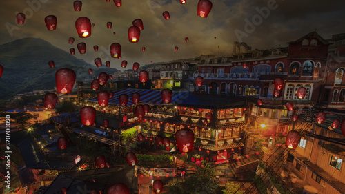 fire paper lanterns in the night sky with nice background