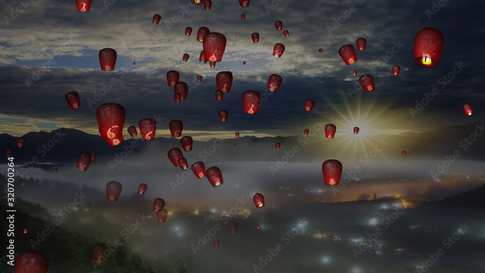 Obraz premium fire paper lanterns in the night sky with nice background