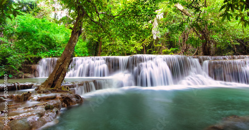 Beautiful waterfall in deep forest of Thailand  Breathtaking view of Huay Mea Kamin waterfall  Located Kanchanaburi  Thailand.