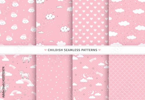 Set of pink childish seamless patterns