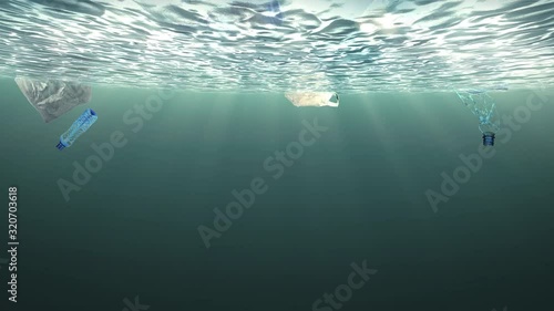 Old plastic bottle floating down in seabed underwater with concept environmentally friendly ., 4K video