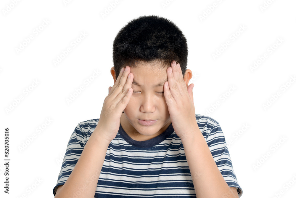 Naklejka premium Young Asian preteen boy having headache. isolated on white.