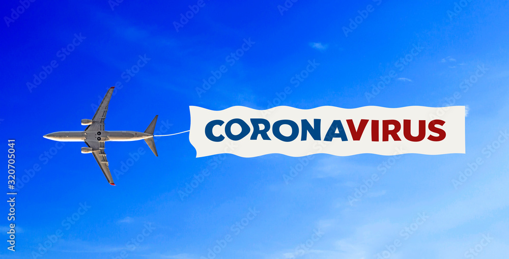 Coronavirus in the air. The poster attached to the back of the passenger plane flies between the concept of people, the new coronavirus (2019-nCoV). Coronavirus in the air. The poster attached to the back of the passenger plane flies between the concept of people, the new coronavirus (2019-nCoV).