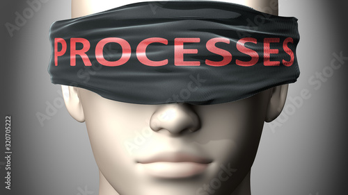 Processes can make things harder to see or makes us blind to the reality - pictured as word Processes on a blindfold to symbolize denial and that Processes can cloud perception, 3d illustration photo