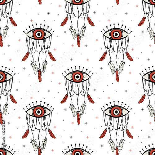 Seamless pattern dream catcher.Vintage bohemian drawing style.
