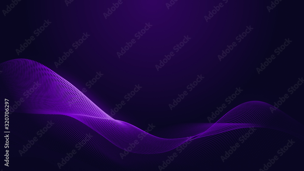 Fototapeta premium Dot blue purple wave line light gradient dark background. Abstract technology big data digital background. 3d rendering.