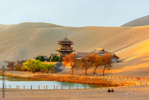 Fototapeta Naklejka Na Ścianę i Meble -  Panoramic view of crescent spring in dunhuang mingsha mountain