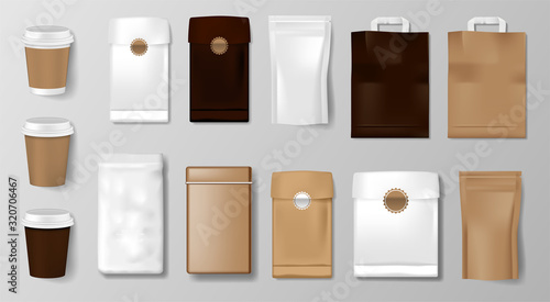 Set of Coffee Cup packaging. Mockup for Coffee shop, Cafe, restaurant. Realistic food package. Hot drink cups and box Isolated vector illustration