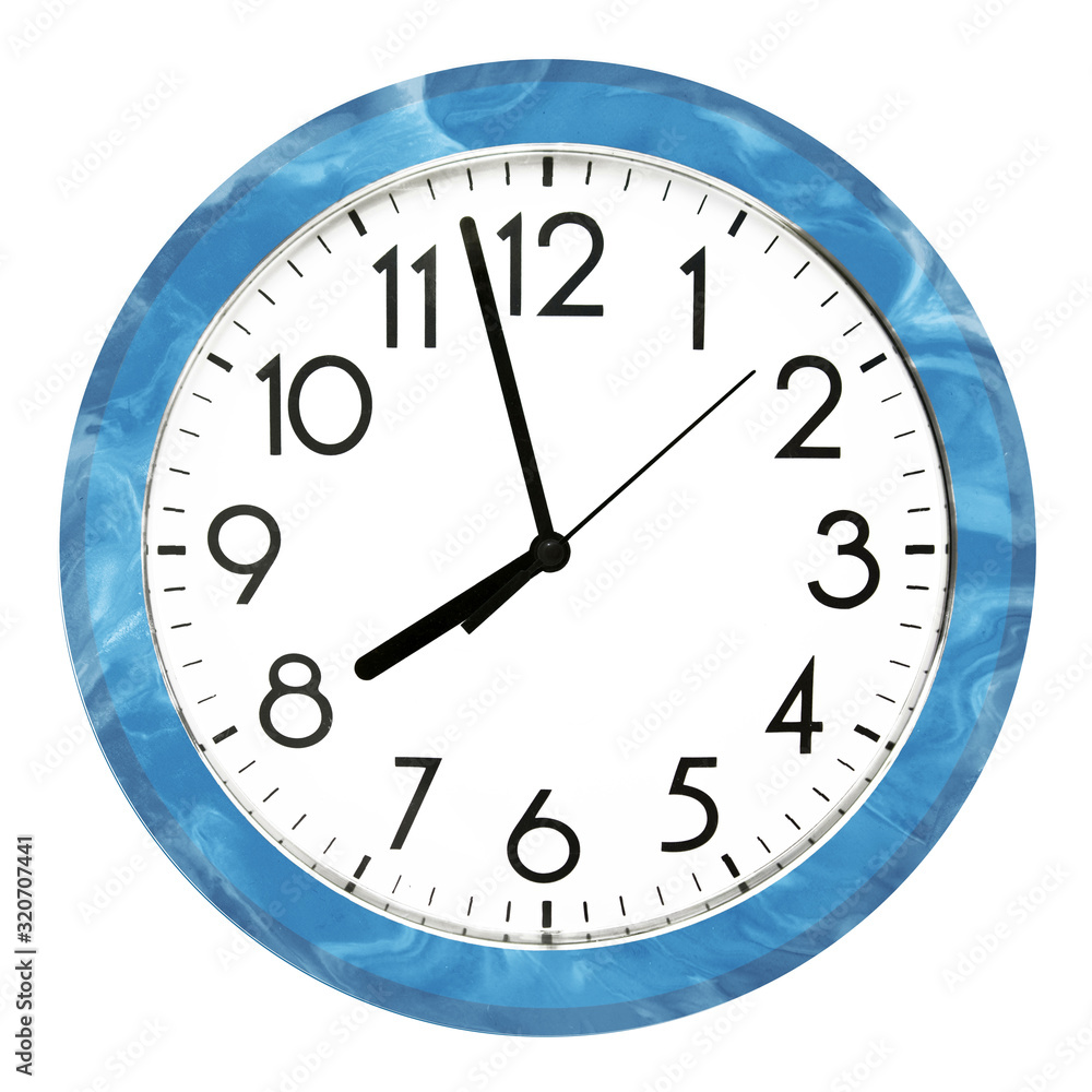 Blue wall clock. Isolated on white background. High quality photo. Blue wall clock. Isolated on white background. High quality photo.