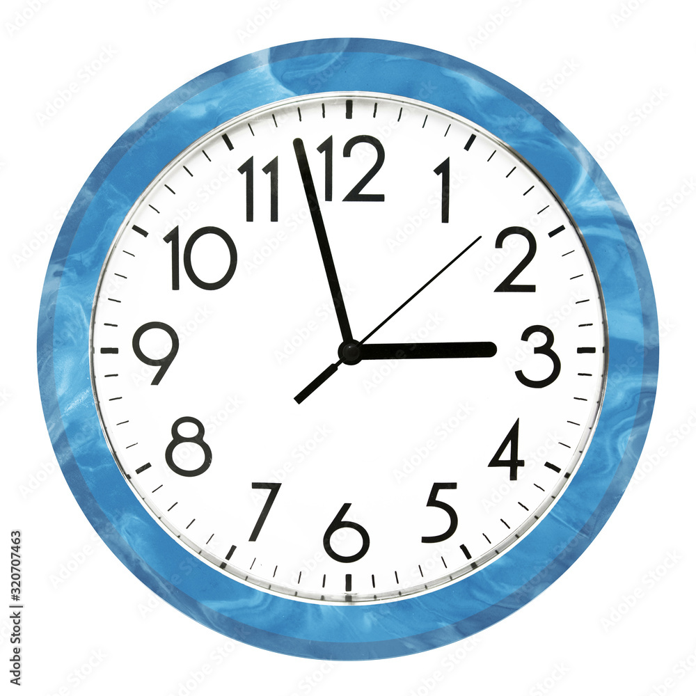 Blue wall clock. Isolated on white background. High quality photo. Blue wall clock. Isolated on white background. High quality photo.