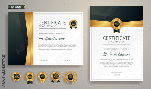 Black and gold certificate of appreciation border template with luxury badge and modern line pattern