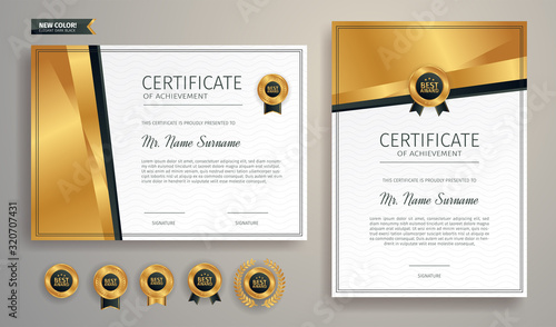 Black and gold certificate of appreciation border template with luxury badge and modern line pattern