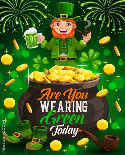 Irish party, leprechaun smoking pipe, Saint Patricks day celebration. Vector pot of gold, fireworks and cartoon character drinking beer, green shoes. Spring holiday symbols, shamrock or clover leaves