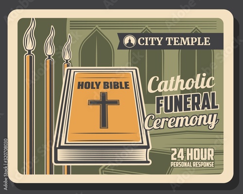 Funeral and farewell ceremony, Catholic requiem mass in temple, memorial service company retro poster. Vector Christian church, holy bible and memorial candles with RIP ribbon