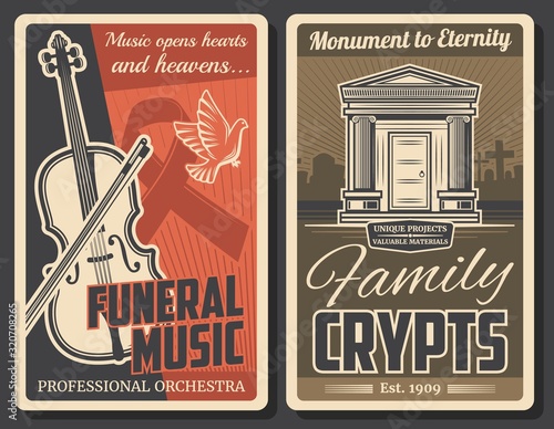 Funeral ceremony and farewell music service, burial crypts and monuments production company. Vector retro poster with cemetery graveyard, requiem mass orchestra music and funeral RIP ribbon