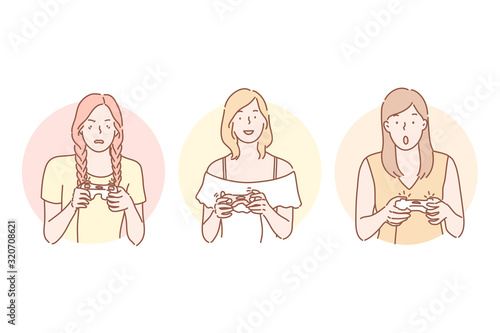 Gamer, playing, addiction set concept. Happy cheerful woman plays video games at console. Surprised girl is addicted to gaming. Angry irritated player can not complete game level. Simple flat vector photo