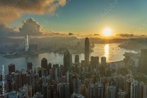 Photography Sunrise over Victoria harbor of Hong Kong city