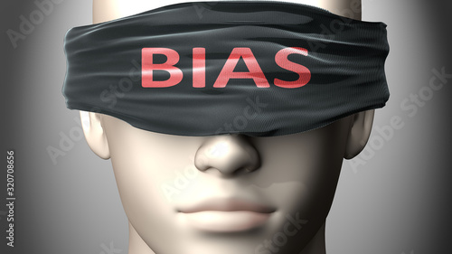 Bias can make things harder to see or makes us blind to the reality - pictured as word Bias on a blindfold to symbolize denial and that Bias can cloud perception, 3d illustration photo