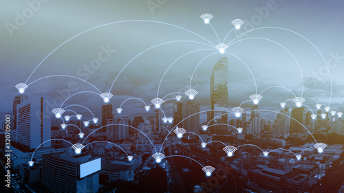 Fotografi Global network coverage world map with Bangkok city background at night in Thail