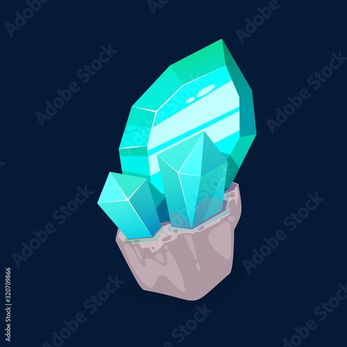 Blue crystal gem, jewel rock turquoise mineral stone. Vector natural green or blue gemstone, opal or quartz glass, jewelry and geology mineral crystal