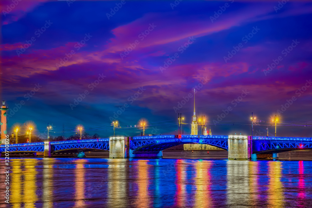 Drawbridge Palace Bridge in night time. Saint Petersburg. Russia.