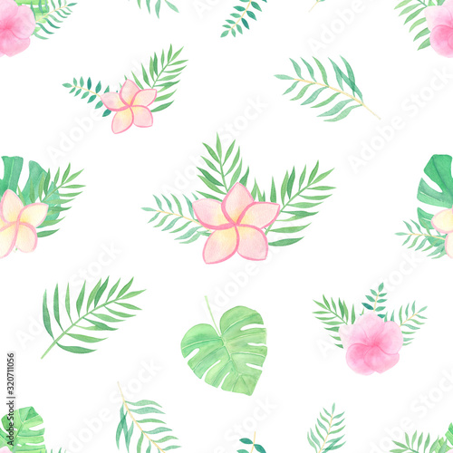 Tropical flowers watercolor hand drawn seamless pattern on white background. Trendy spring, summer background with tropical leaves and exotic flowers. Modern tropical print for summer fashion.