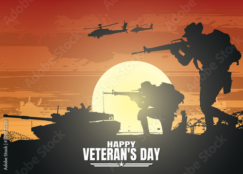 Military vector illustration, Army background, soldiers silhouettes.