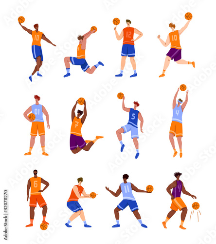 Basketball players with ball - set of isolated people characters  African American and white men playing  guys jumping with ball  muscular basketball players - isolated flat vector for poster  merch