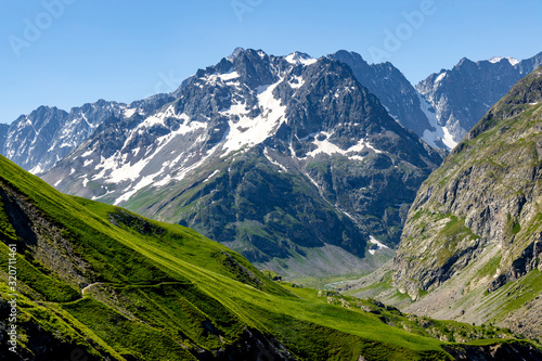 Panoramic mountain views in the French Alps in the summer.