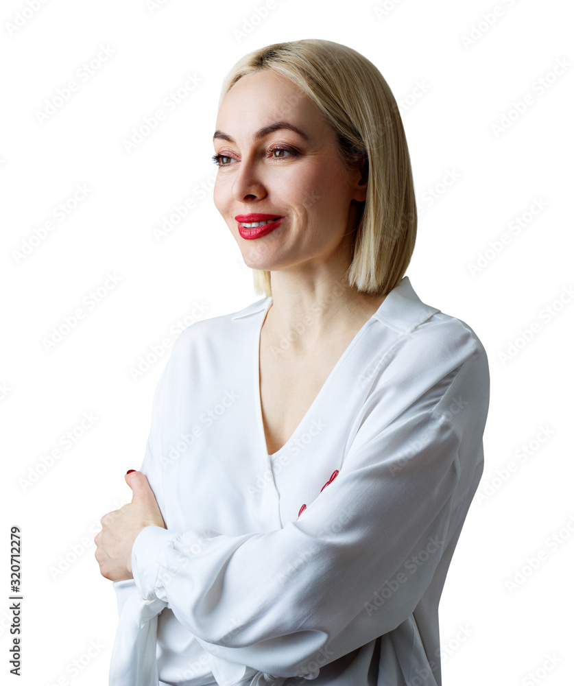 Portrait of beautiful adult woman in white blouse. Portrait of beautiful adult woman in white blouse.