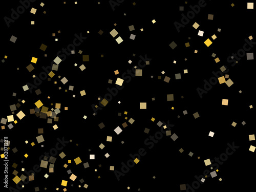 Yellow gold square confetti tinsels scatter on black. Rich New Year vector sequins background. Gold foil confetti party decoration pattern. Light dust particles surprise backdrop.