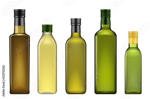 Olive oil bottles realistic 3d template mockup, vegetable oils blank glass package. Vector extra virgin avocado, pomace or olive and sesame seeds oil bottle with metal green lid