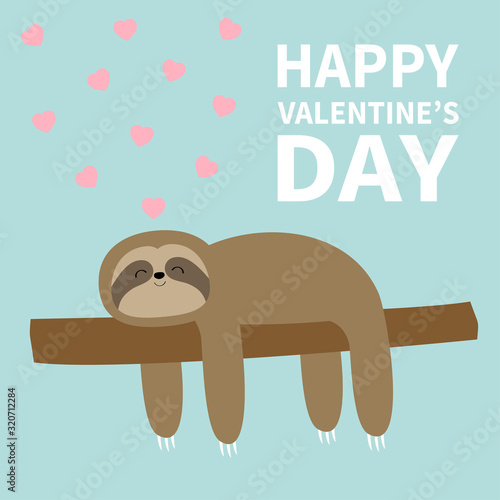 Happy Valentines Day. Sloth sleeping on tree branch. Pink heart. Cute lazy cartoon kawaii funny character. Slow down. Wild joungle animal collection. Isolated. Blue background. Flat design. photo