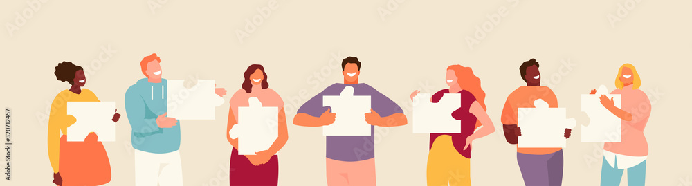 Fototapeta premium Smiling group of people with puzzles in their hands. Teamwork and collaboration concept vector illustration