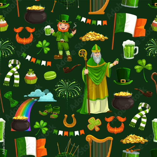 St. Patricks day Irish holiday seamless pattern. Vector Saint Patrick with stick, rainbow, pot with treasures, leprechaun smoking pipe and drinking beer. Symbols of Ireland background, lucky horseshoe