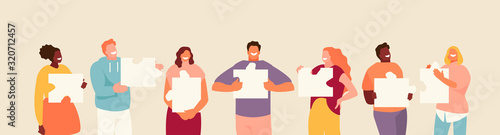 Smiling group of people with puzzles in their hands. Teamwork and collaboration concept vector illustration