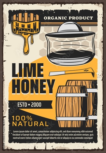 Natural honey production, beekeeping apiary and apiculture farm vintage retro poster. Vector lime flower honey in wooden barrels and dipper spoon with flowing splash, organic product honeycomb