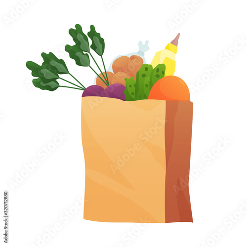 Fresh Food in a paper bag - vector illustration in flat style. Different food and beverage products, grocery shopping. Fruits, vegetables, ham, cheese, bread, milk