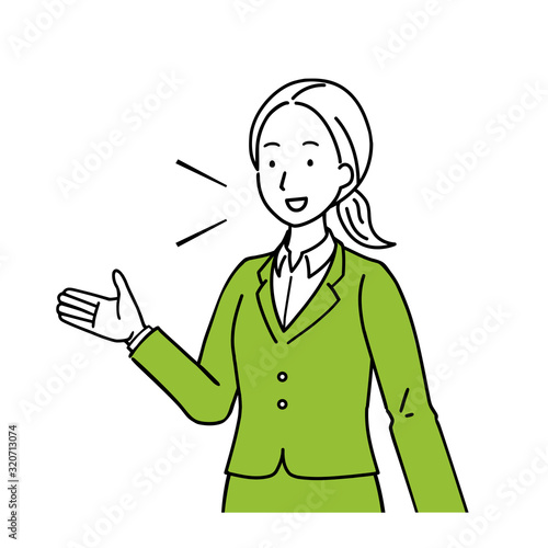 Diagonal illustration of woman speaking, upper body.