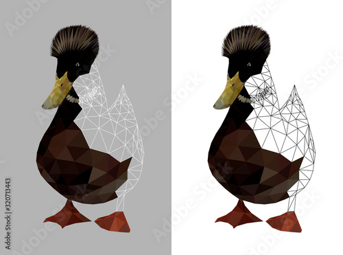 Low poly triangular and wireframe duck on grey and white background, vector illustration isolated.  Polygonal style trendy modern logo design. Suitable for printing on a t-shirt.