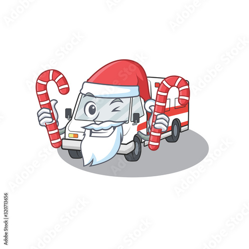 Ambulance Cartoon character in Santa costume with candy