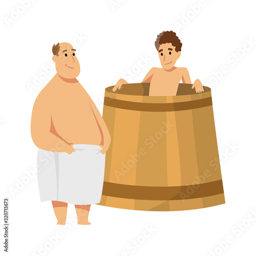 Young man sitting in a tub. Bathhouse or banya procedure. Vector flat people. Activity for wellness and recreation. People Enjoying Sauna Procedures