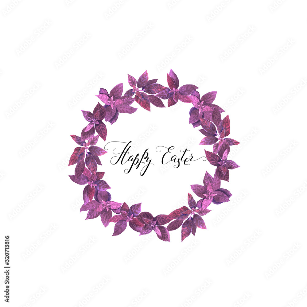 Watercolor round wreath with pink fresh leaves, Easter calligraphy.