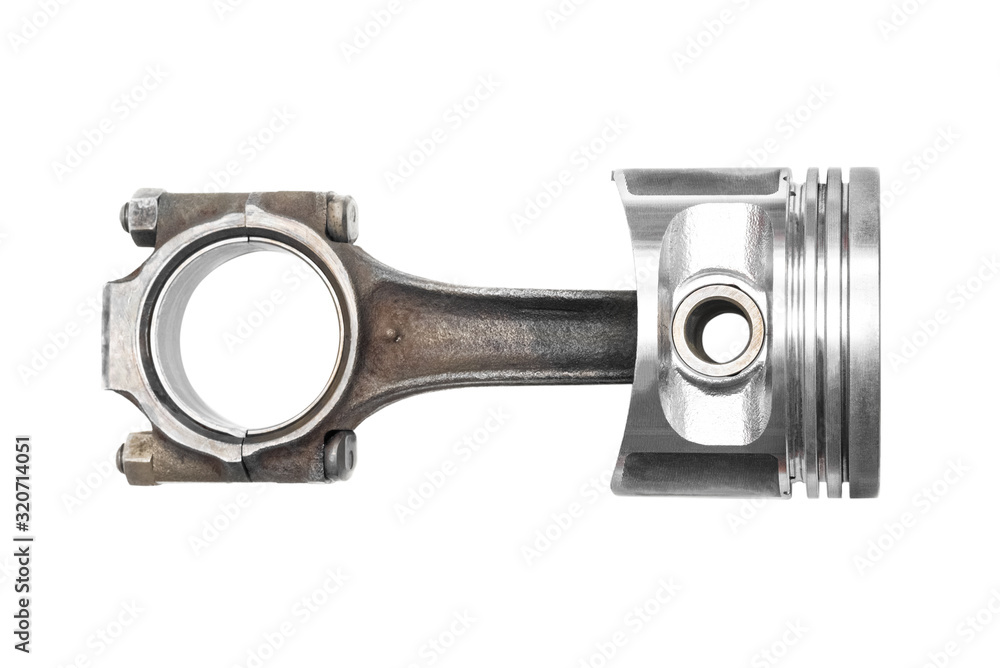 Old car engine piston with connecting rod isolated on white background. Old car engine piston with connecting rod isolated on white background.