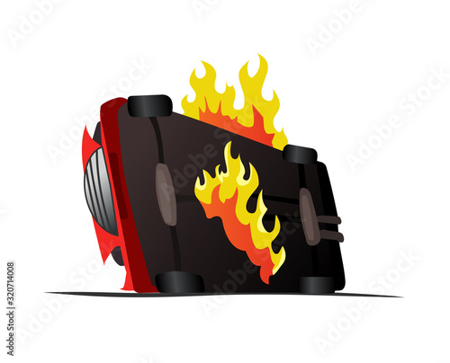 Accident on road. Inverted machine after collision. Illustration of crash vehicle, damage auto. Insurance case. Vector broken cartoon auto
