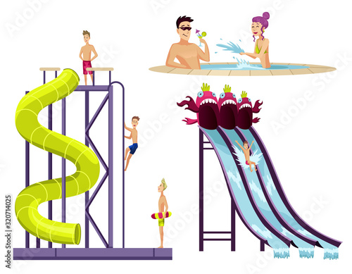 Colorful aquapark set of various water tubes with playing children. Attraction in waterpark.. Two resting in little swim pool. Flat style isolated vector illustration