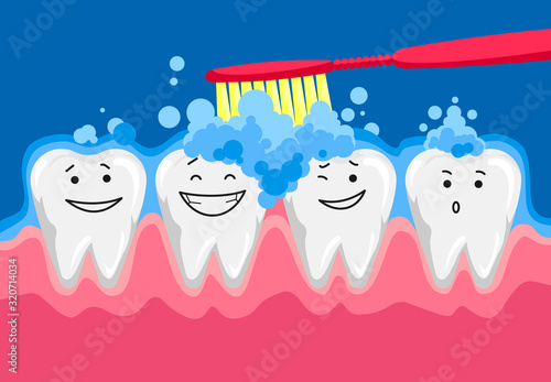 Cute happy smiling tooth with toothbrush and toothpaste. Brushing clean teeth. Dental kids care. Vector modern flat style cartoon character illustration
